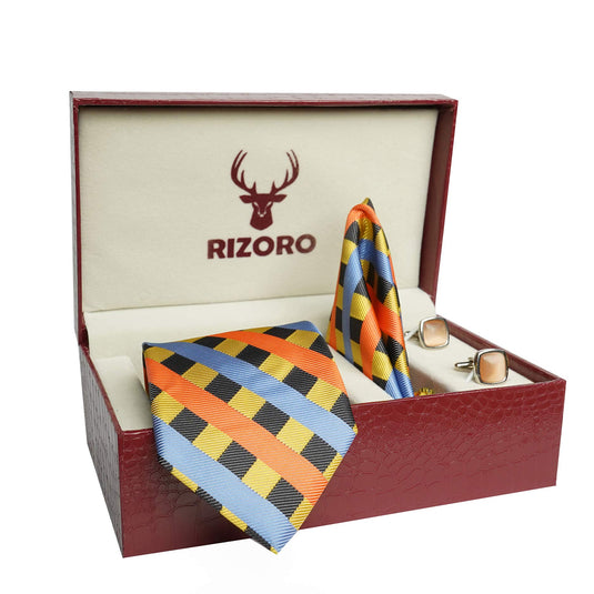 RIZORO Mens Plaid Stripped Silk Necktie Tie Gift Set With Pocket Square, Cufflinks & Brooch Pin Formal Tie With Leatherite Box (STRIPM1RB, Free Size)