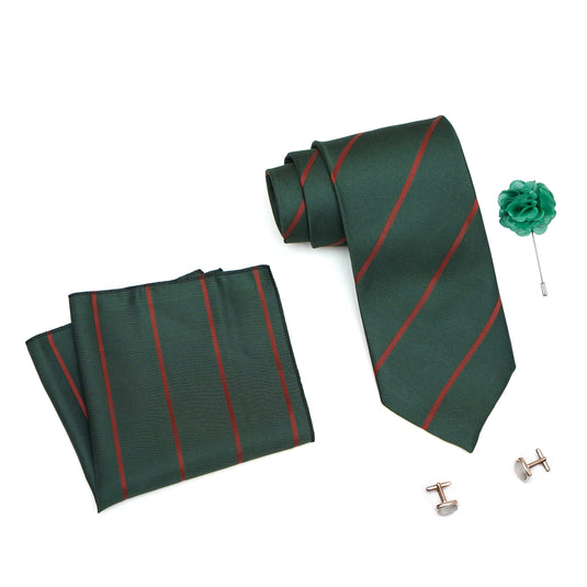 RIZORO Mens Plaid Stripped Silk Necktie Gift Set With Pocket Square Cufflinks & Brooch Pin Formal Tie With Leatherite Box (S2RX Free Size) | (Leather Gift Box) (Pack of 4)