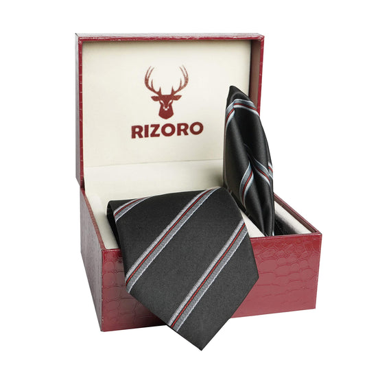 RIZORO Mens Plaid Stripped Silk Necktie Tie Gift Set With Pocket Square & Brooch Pin Formal Tie Set (S6RS, Free Size)