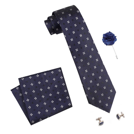 RIZORO Mens Plaid Dotted Silk Necktie Gift Set With Pocket Square Cufflinks & Brooch Pin Formal Tie With Leatherite Box (4D2RX Free Size) | (Leather Gift Box) (Pack of 4)