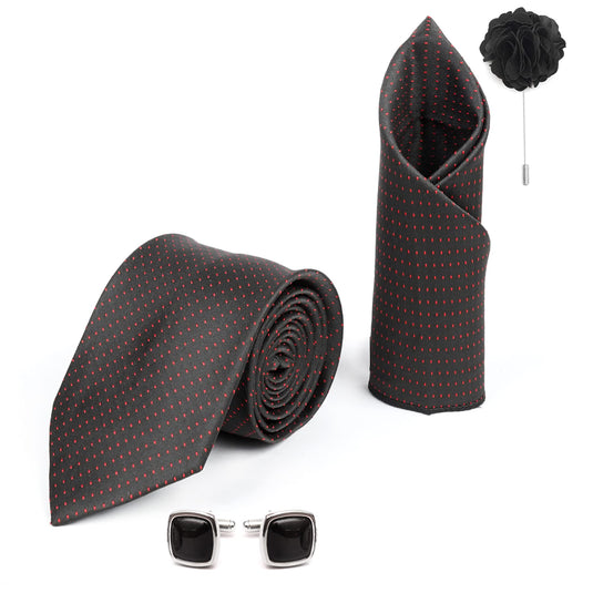 AXLON Mens Plaid Dotted Silk Necktie Gift Set With Pocket Square Cufflinks & Brooch Pin Formal Tie With Leatherite Box (D1RX Free Size) | (Leather Gift Box) (Pack of 4)