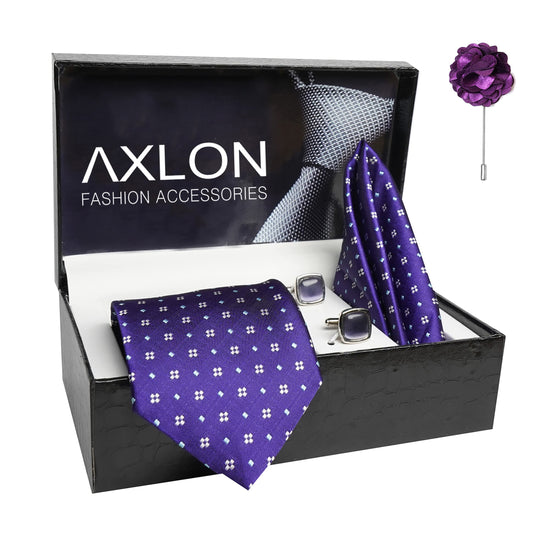 AXLON Mens Plaid Dotted Silk Necktie Gift Set With Pocket Square Cufflinks & Brooch Pin Tie For Men Formal With Leatherite Box (4D1RX Free Size) | (Leather Gift Box) (Pack of 4)