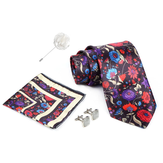 RIZORO Black Red Mens Paisley Micro Print Silk Necktie Gift Set With Pocket Square Cufflinks & Brooch Pin Formal Tie With Wooden Box Free Size | (Wooden Gift Box ) (Pack of 4) (RPL_19)