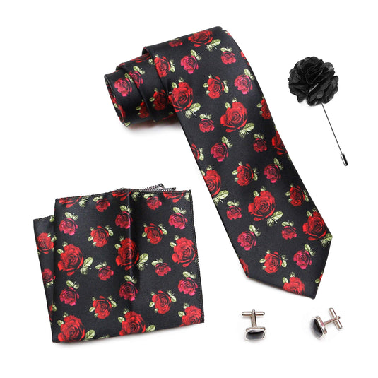 Axlon Men Formal/Casual Printed Satin Neck Tie Pocket Square Accessory Gift Set with Cufflinks and Brooch Pin - Black (Free Size, ltr_814)