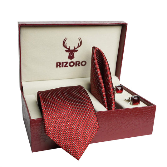 RIZORO Mens Plaid Dotted Silk Necktie Tie Gift Set With Pocket Square, Cufflinks & Brooch Pin Formal Tie With Leatherite Box (A10RB, Free Size)