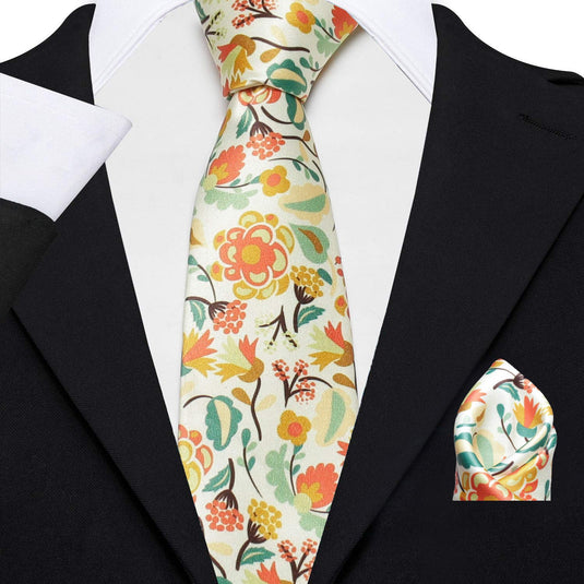 AXLONMen's Micro Polyester Floral Necktie Set with Pocket Square and Brooch Pin (Yellow ,Free Size)