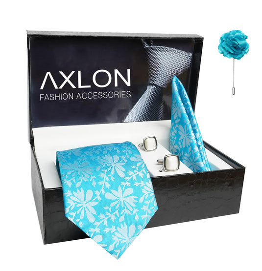 AXLON Mens Plaid Pasiley Silk Necktie Gift Set With Pocket Square Cufflinks & Brooch Pin Tie For Men Formal With Leatherite Box (PUNRX Free Size) | (Leather Gift Box) (Pack of 4)