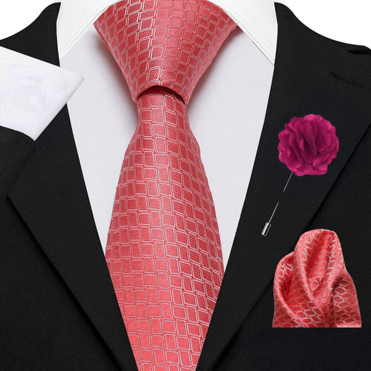 AXLON Men's Micro Polyester Necktie Set with Pocket Square and Brooch Pin (Pink , Free Size)