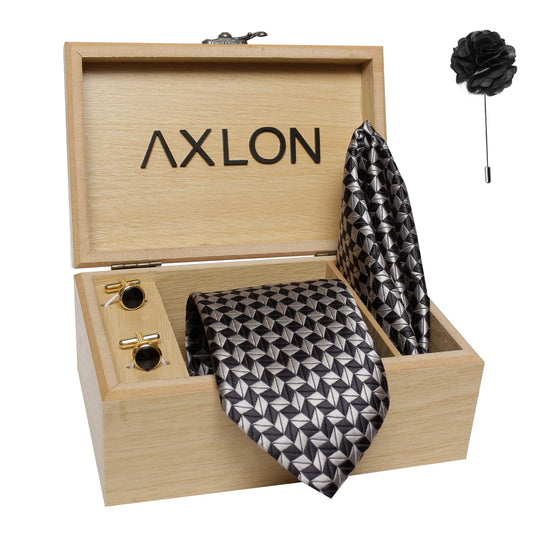 Axlon Men's Micro Polyester Broad Stripped Necktie Set with Pocket Square, Brooch Pin and Cufflinks (Grey, Free Size)