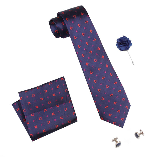 AXLON Mens Plaid Dotted Silk Necktie Gift Set With Pocket Square Cufflinks & Brooch Pin Tie For Men Formal With Leatherite Box (4D3RX Free Size) | (Leather Gift Box) (Pack of 4)