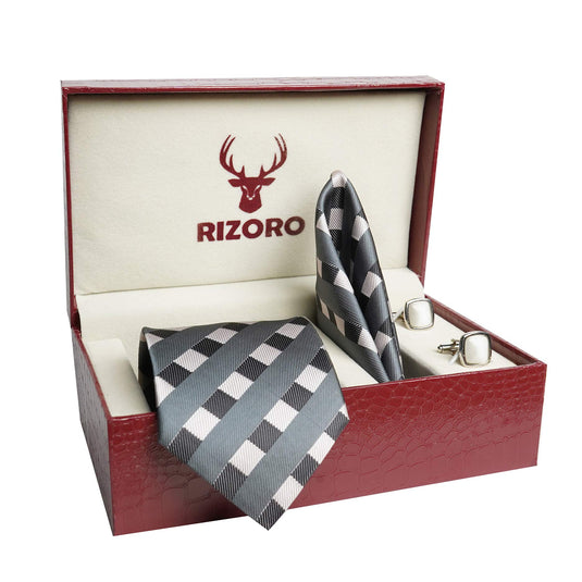 RIZORO Mens Plaid Stripped Silk Necktie Tie Gift Set With Pocket Square, Cufflinks & Brooch Pin Formal Tie With Leatherite Box (STRIPM1RB, Free Size)