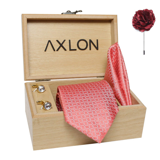 Axlon Men's Micro Polyester Necktie Set with Pocket Square, Brooch Pin and Cufflinks (Pink, Free Size)