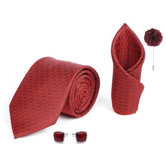 AXLON Mens Plaid Dotted Silk Necktie Gift Set With Pocket Square Cufflinks & Brooch Pin Tie For Men Formal With Leatherite Box (A12RX Free Size) | (Leather Gift Box) (Pack of 4)