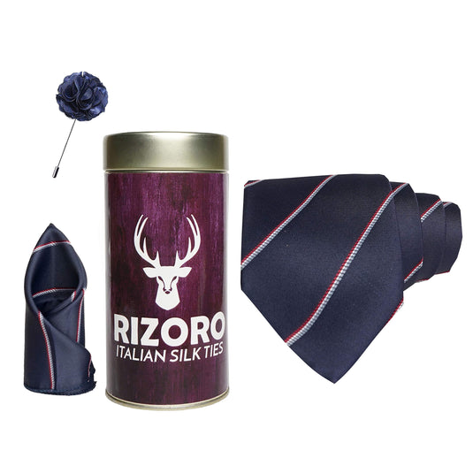 RIZORO Mens Plaid Stripped Silk Necktie Gift Set With Pocket Square & Brooch Pin Formal Tie Combo (S4RT, Free Size)