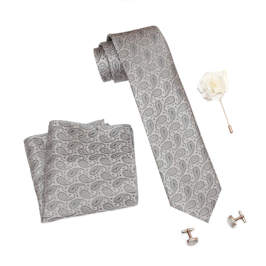 RIZORO Mens Plaid Pasiley Silk Necktie Tie Gift Set With Pocket Square, Cufflinks & Brooch Pin Formal Tie With Leatherite Box (AMBM1RB, Free Size)