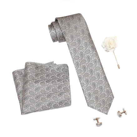 RIZORO Mens Plaid Pasiley Silk Necktie Tie Gift Set With Pocket Square, Cufflinks & Brooch Pin Formal Tie With Leatherite Box (AMBM1RB, Free Size)
