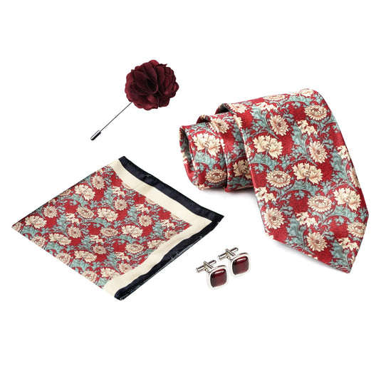 RIZORO Red Mens Paisley Micro Print Silk Necktie Gift Set With Pocket Square Cufflinks & Brooch Pin Formal Tie With Wooden Box Free Size | (Wooden Gift Box ) (Pack of 4) (RPL_46)