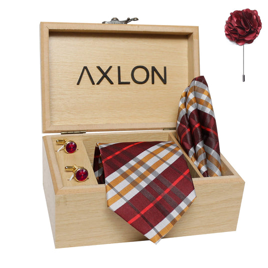 Axlon Men's Micro Polyester Stripped Necktie Set with Pocket Square, Brooch Pin and Cufflinks (Multicolour, Free Size)