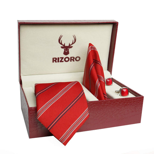 RIZORO Mens Plaid Stripped Silk Necktie Tie Gift Set With Pocket Square, Cufflinks & Brooch Pin Formal Tie With Leatherite Box (Red, S5RDRB, Free Size)