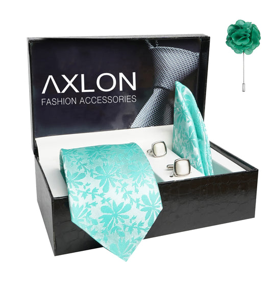 AXLON Mens Plaid Pasiley Silk Necktie Gift Set With Pocket Square Cufflinks & Brooch Pin Tie For Men Formal With Leatherite Box (PUNRX Free Size) | (Leather Gift Box) (Pack of 4)