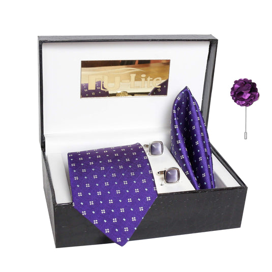 AXLON Men's Micro Polyester Necktie Set with Pocket Square, Brooch Pin and Cufflinks (Free Size)