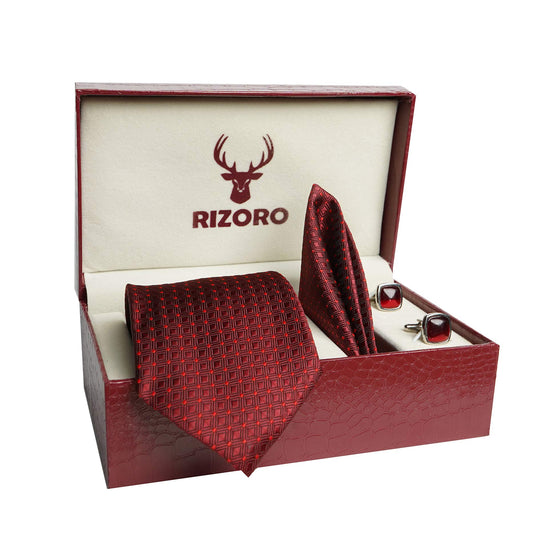 RIZORO Mens Plaid Dotted Silk Necktie Tie Gift Set With Pocket Square, Cufflinks & Brooch Pin Formal Tie With Leatherite Box (A13RB, Free Size)