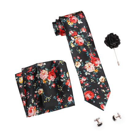 Axlon Formal/Casual Printed Polyester Necktie Set with Pocket Square, Brooch Pin and Cufflinks for Men (Free Size, Black)