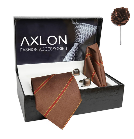 AXLON Mens Plaid Stripped Silk Necktie Gift Set With Pocket Square Cufflinks & Brooch Pin Tie For Men Formal With Leatherite Box (S6RX Free Size) | (Leather Gift Box) (Pack of 4)