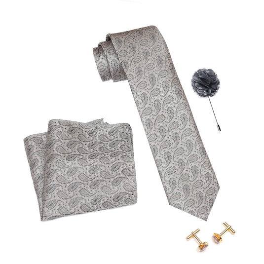 Axlon Men's Micro Polyester Printed Necktie Set with Pocket Square, Brooch Pin and Cufflinks (Grey, Free Size)