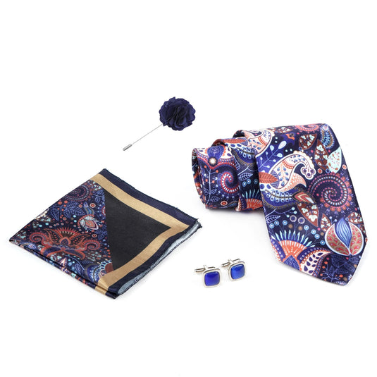 RIZORO Navy Purple Mens Paisley Micro Print Silk Necktie Gift Set With Pocket Square Cufflinks & Brooch Pin Formal Tie With Wooden Box Free Size | (Wooden Gift Box ) (Pack of 4) (RPL_40)