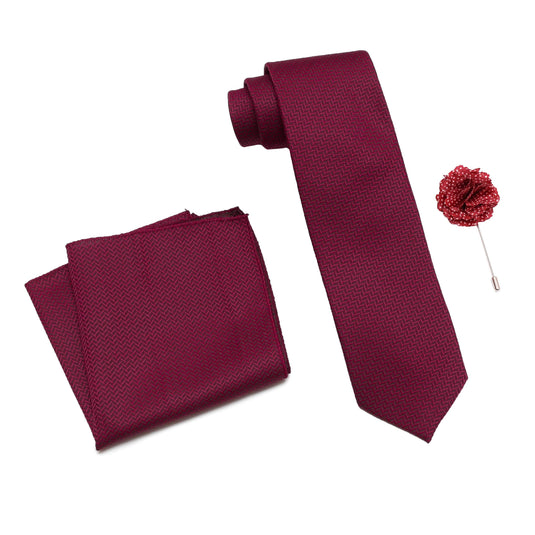 AXLON Men's Micro Polyester Necktie Set with Pocket Square and Brooch Pin (Red , Free Size)