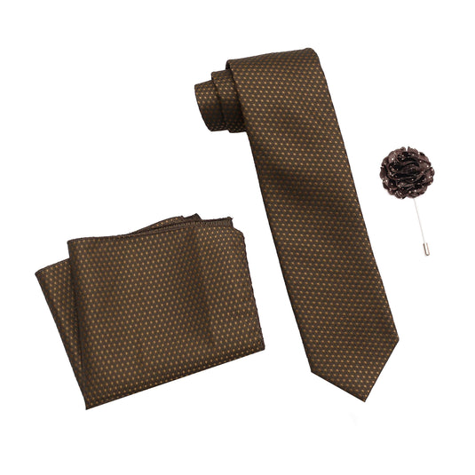 AXLON Men's Micro Polyester Necktie Set with Pocket Square and Brooch Pin (Brown , Free Size)