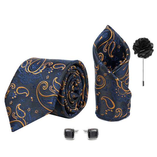 Axlon Men's Paisley Micro Wooven Silk Necktie Gift Set With Pocket Square Cufflinks & Brooch Pin Tie for Men Formal Tie Set with Box (Pack of 4) (AX11_10, Navy Blue Gold)