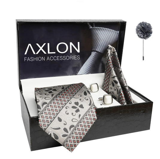 AXLON Mens Plaid Pasiley Silk Necktie Gift Set With Pocket Square Cufflinks & Brooch Pin Tie For Men Formal With Leatherite Box (AS1RX Free Size) | (Leather Gift Box) (Pack of 4)