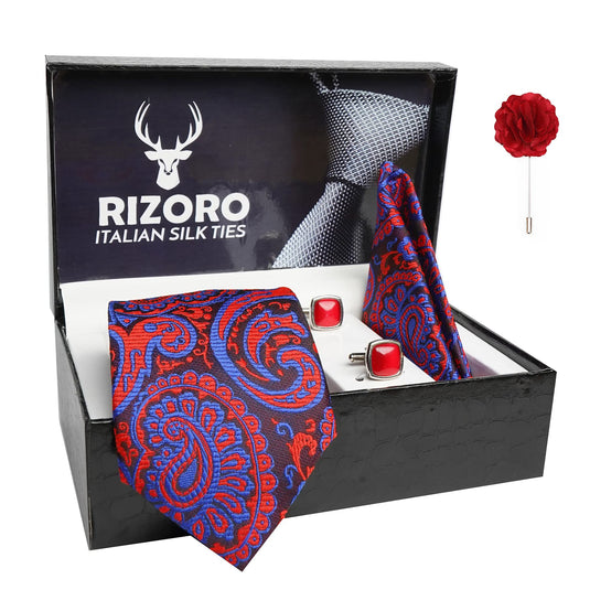 RIZORO Mens Plaid Paisley Silk Necktie Gift Set With Pocket Square Cufflinks & Brooch Pin Formal Tie With Leatherite Box (Blue AMBI5BLRX Free Size)