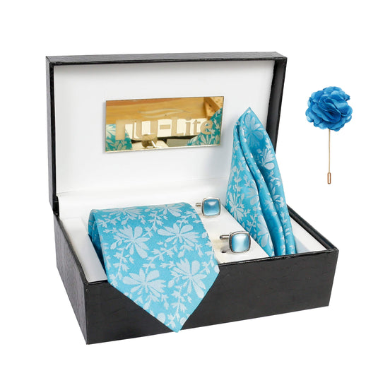 AXLON Men's Micro Polyester Casual Formal Floral Printed Necktie Set with Pocket Square, Brooch Pin and Cufflinks (Free Size)