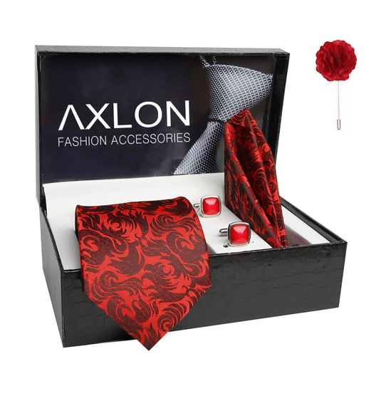 AXLON Mens Plaid Pasiley Silk Necktie Gift Set With Pocket Square Cufflinks & Brooch Pin Tie For Men Formal With Leatherite Box (AMBI5RX Free Size) | (Leather Gift Box) (Pack of 4)