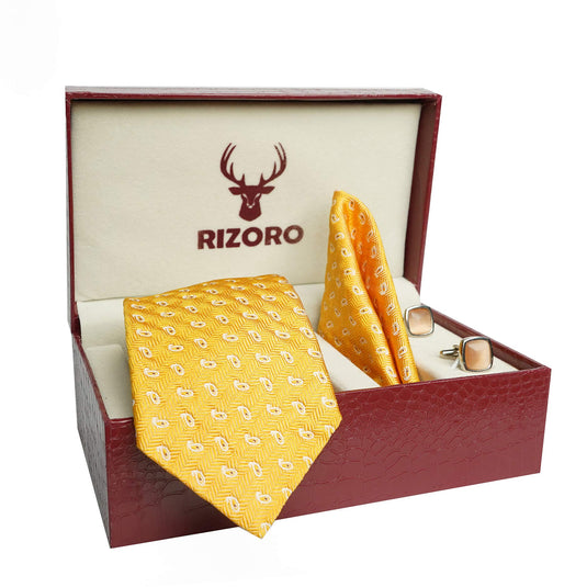 RIZORO Mens Plaid Pasiley Silk Necktie Tie Gift Set With Pocket Square, Cufflinks & Brooch Pin Formal Tie With Leatherite Box (AMBICRB, Free Size)