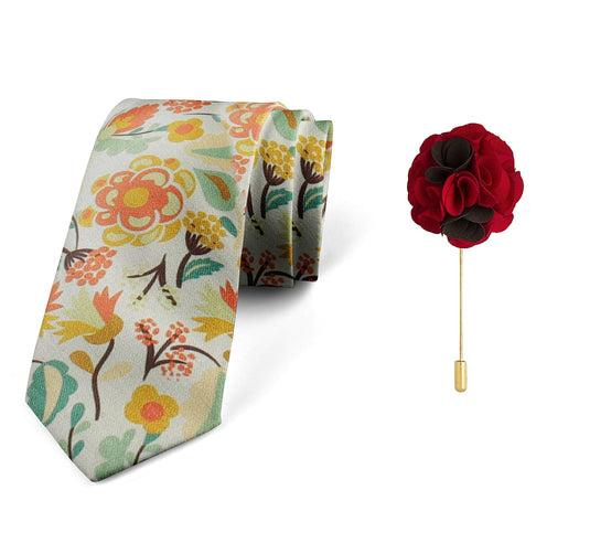 AXLONMen's Micro Polyester Floral Necktie Set with Pocket Square and Brooch Pin (Yellow ,Free Size)