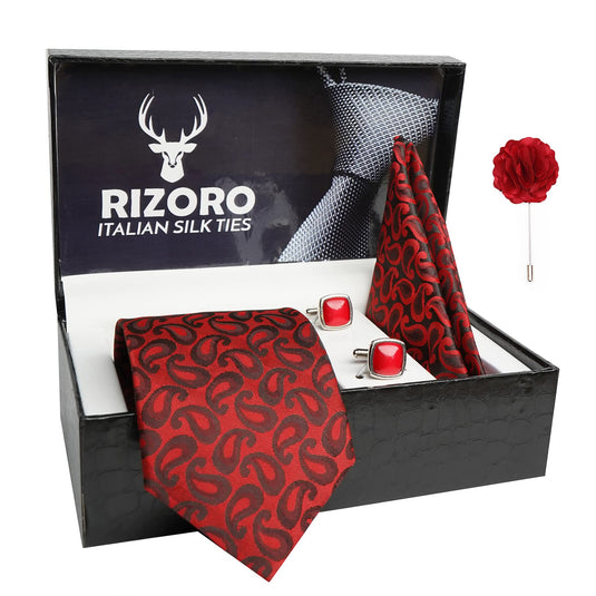 RIZORO Mens Plaid Pasiley Silk Necktie Gift Set With Pocket Square Cufflinks & Brooch Pin Formal Tie With Leatherite Box (AMBI2RX Free Size) | (Leather Gift Box) (Pack of 4)