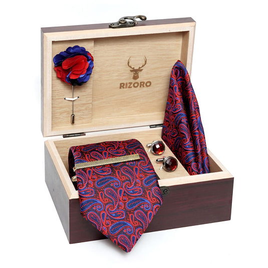 RIZORO Mens Plaid Micro Silk Paisley Red Blue Necktie Tie Set Gift Set With Pocket Square Cufflinks Brooch Pin Men Tie Clip Formal Tie With Wooden Box For Gifting (RW_29, Free Size)