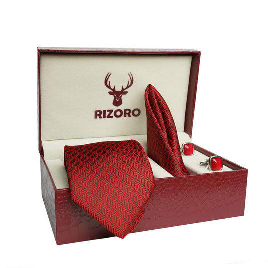 RIZORO Mens Plaid Dotted Silk Necktie Tie Gift Set With Pocket Square, Cufflinks & Brooch Pin Formal Tie With Leatherite Box (A12RB, Free Size)