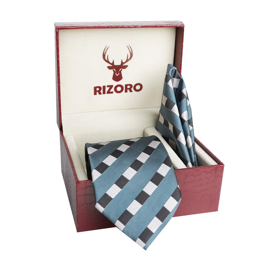 RIZORO Men Stripped Micro Fibre Necktie Gift Set With Pocket Square & Brooch Pin Formal Tie (Yellow STRIPM1YWRS Free Size)