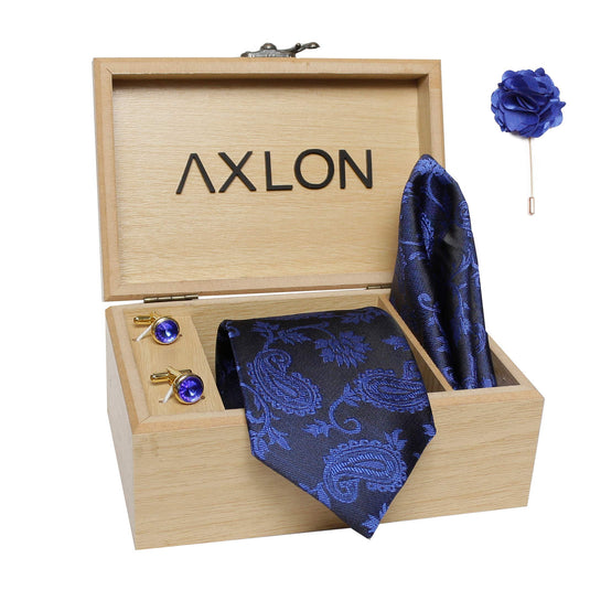 Axlon Men's Micro Polyester Printed Necktie Set with Pocket Square, Brooch Pin and Cufflinks (Blue, Free Size)