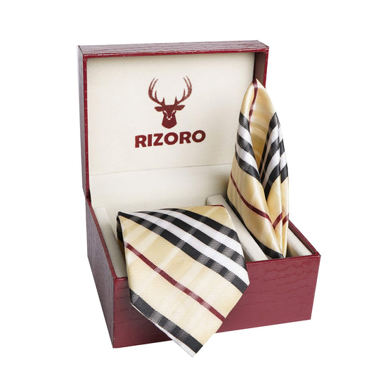 RIZORO Mens Plaid Checkered Silk Necktie Tie Gift Set With Pocket Square & Brooch Pin Formal Tie Set (Beige, BURBGRS, Free Size)