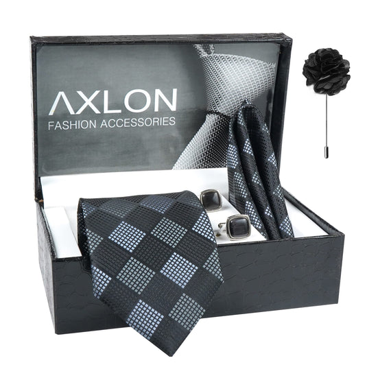 Axlon Men's Check Micro Wooven Silk Necktie Gift Set With Pocket Square Cufflinks & Brooch Pin Tie for Men Formal Tie Set with Box (Pack of 4) (AX11_1, Black)