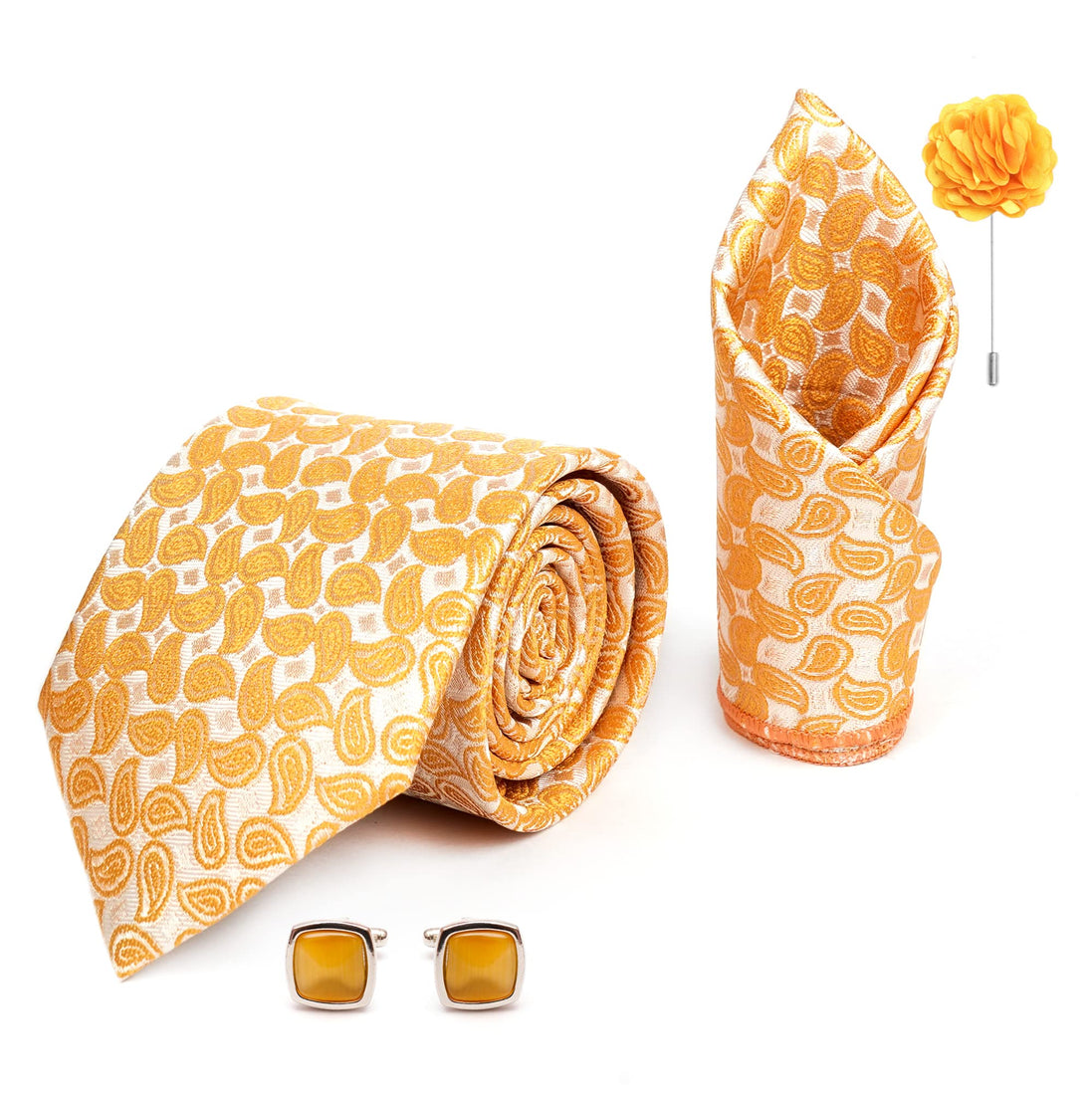 RIZORO Mens Plaid Pasiley Silk Necktie Gift Set With Pocket Square Cufflinks & Brooch Pin Formal Tie With Leatherite Box (AMBICRX Free Size) | (Leather Gift Box) (Pack of 4)