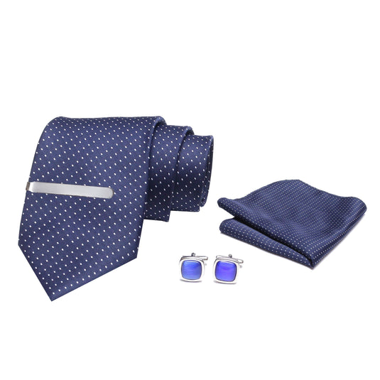 AXLON Men's Necktie with Micro Polyester Silk Clip, Pocket Square and Cuff links for Business Meeting Formal Tie (Blue) Set of 5