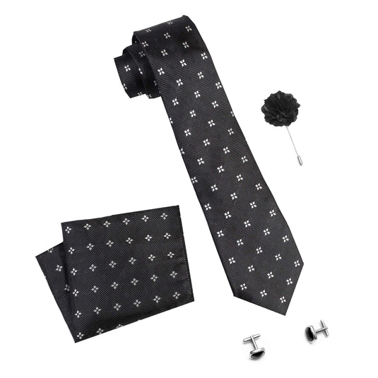 AXLON Men's Micro Polyester Casual Formal Printed Necktie Set with Pocket Square, Brooch Pin and Cufflinks in Wooden Box (Free Size)