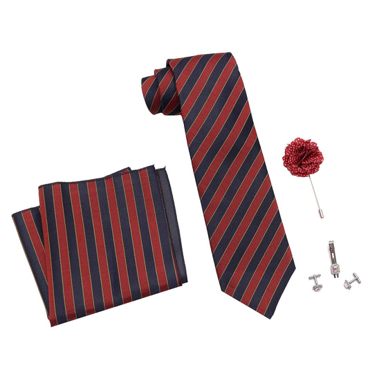 Axlon Men's Micro Polyester Necktie Set with Pocket Square, Brooch Pin and Cufflinks (Multicolour, Free Size)